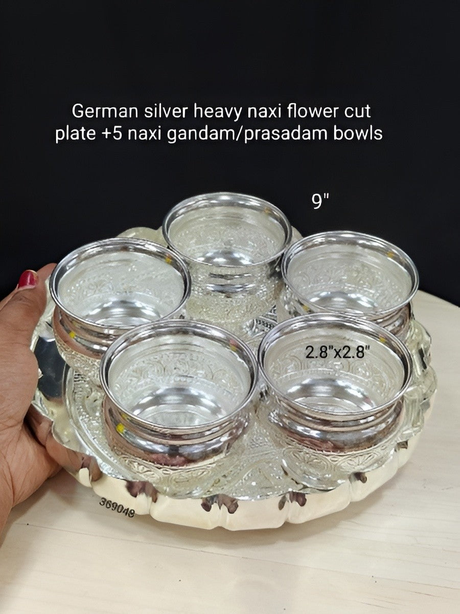 german silver flower tray with 5 bowls set for diwali pooja/ housewarming / snacks/ gift item